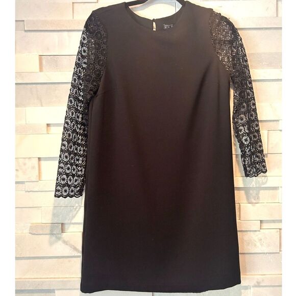 ZARA Basics Womens Black Long Sleeve Round Neck Shift Lace LBD Mini Dress sz XS - Picture 1 of 6